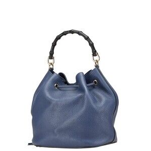 Gucci Shoulder Bamboo Handbag Top Navy Handle 2way Leather Blue